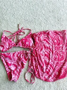 Pink Swirl Bikini Set with Matching Skirt Cover Up